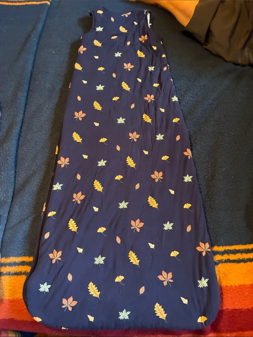 Kyte BABY Navy Sleep Sack with Orange and Light Green Leaf Print